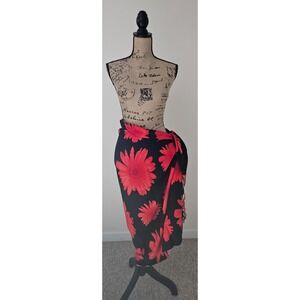 Koko Knot Black Red Daisy Flower Fringe Sarong Wrap Skirt Cover‎ Up Scarf